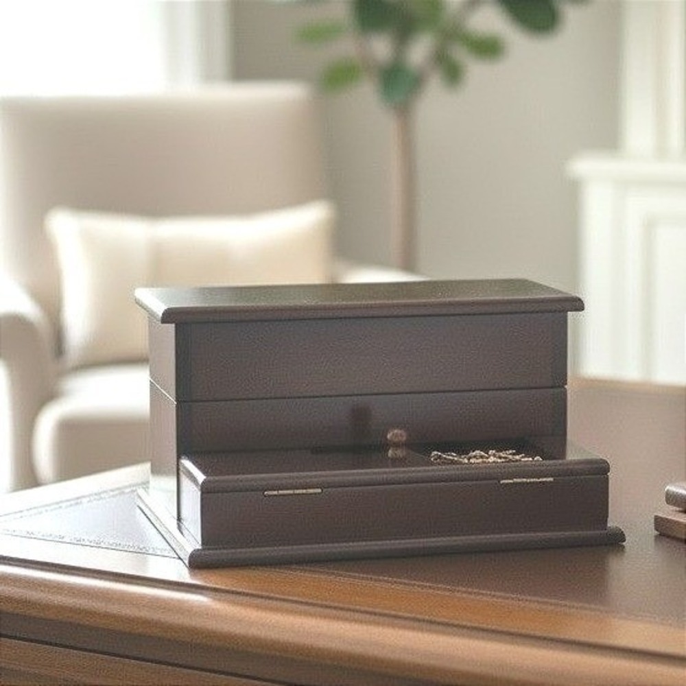 Vintage 1986 The Bombay Company Valet Jewelry Box, Dark Wood Desktop Organizer